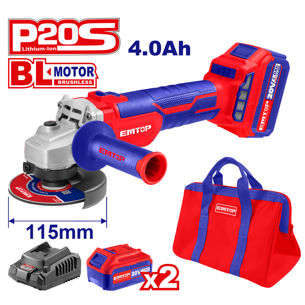 AMOLADORA INAL. INDUSTRIAL 20V 4 1/2&quot; 9000RPM BRUSHLESS INCL. 2 BAT 4AH + 1 CARG + 1 BOLSO NYL - EMTOP