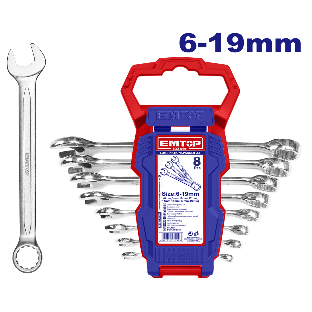 LLAVE COMBINADA EN JUEGO 8PCS INDUSTRIAL BOCA CORONA C/DISPENS. PLASTICO - EMTOP