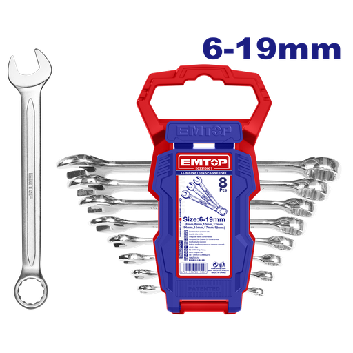 [52 ET ECSS10801] LLAVE COMBINADA EN JUEGO 8PCS INDUSTRIAL BOCA CORONA C/DISPENS. PLASTICO - EMTOP